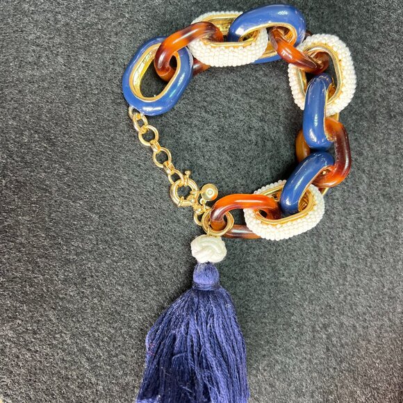 J Crew Navy Blue, Cream, Tortoiseshell Enamel Gold Jumbo Link Bracelet - Picture 4 of 5